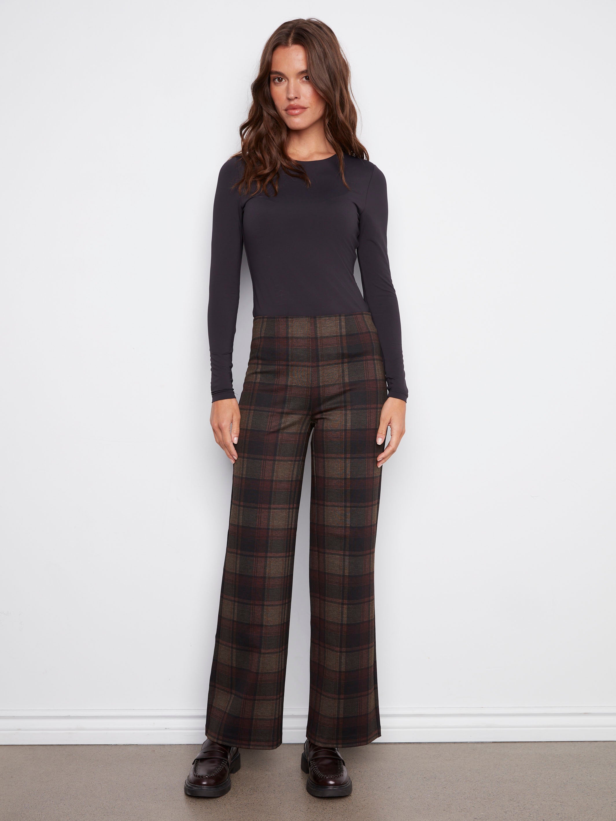 Stylish plaid pants in cacao with wide legs, perfect for versatile fashion statements by Charlie B.