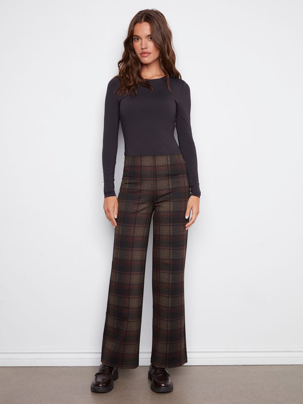 Stylish plaid pants in cacao with wide legs, perfect for versatile fashion statements by Charlie B.