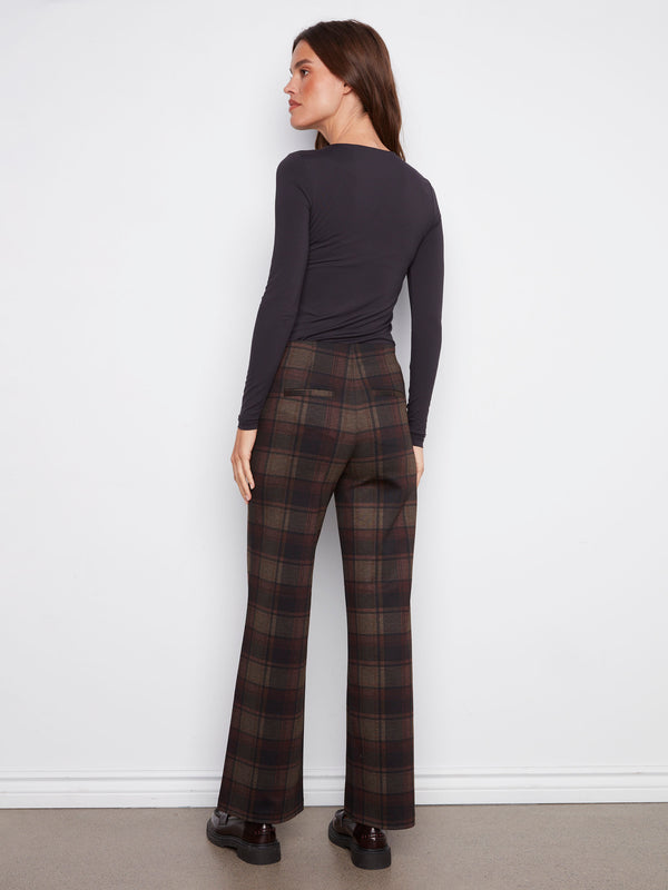 Long-length plaid pants in rich cacao color, designed for effortless elegance by Charlie B.