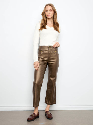 Metallic copper pants with a stylish flare leg, perfect for adding flair to your outfit. Designed by Charlie B.