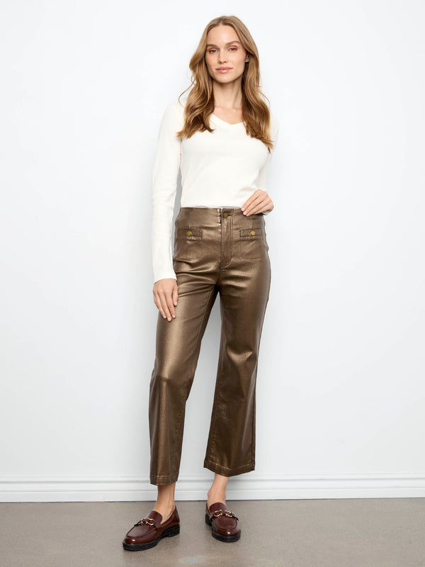 Metallic Waxed Twill Flare Pants - Copper