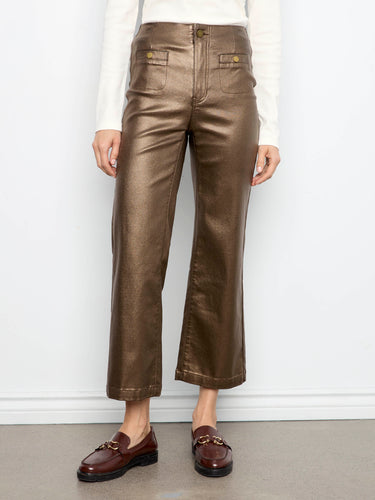 These pants feature an ankle length for a trendy and modern look, crafted from metallic twill by Charlie B.
