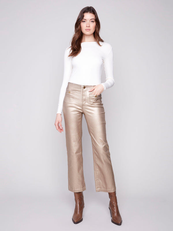 Brass metallic wax pants with a stylish flare fit adding elegance to any outfit by Charlie B.