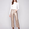 Brass metallic wax pants with a stylish flare fit adding elegance to any outfit by Charlie B.