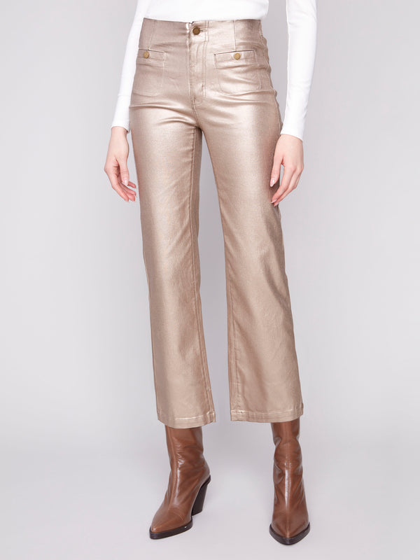 These chic brass pants feature a zipper closure for a sleek and modern look by Charlie B.