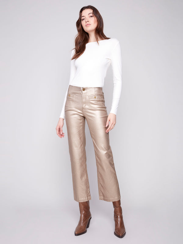 Designed with stretch fabric, these brass pants ensure comfort without compromising style by Charlie B.