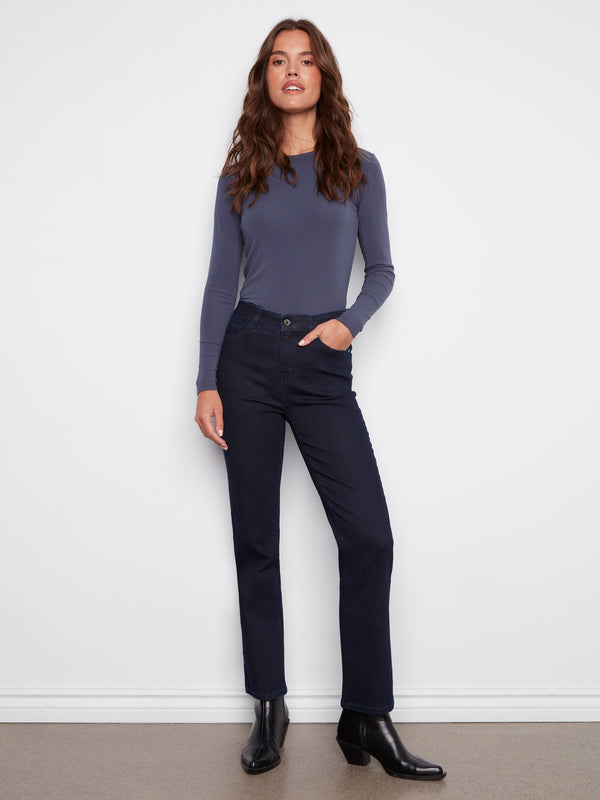Blue-black jeans featuring a straight fit and long length, perfect for versatile styling. Crafted in stretch denim by Charlie B.