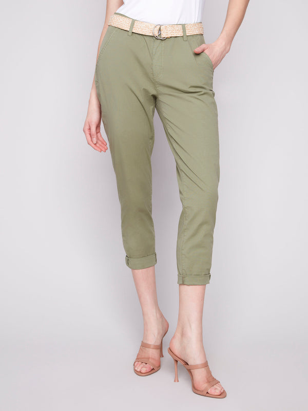 Elegant celadon trousers showcasing a slim leg design for a sleek silhouette by Charlie B.