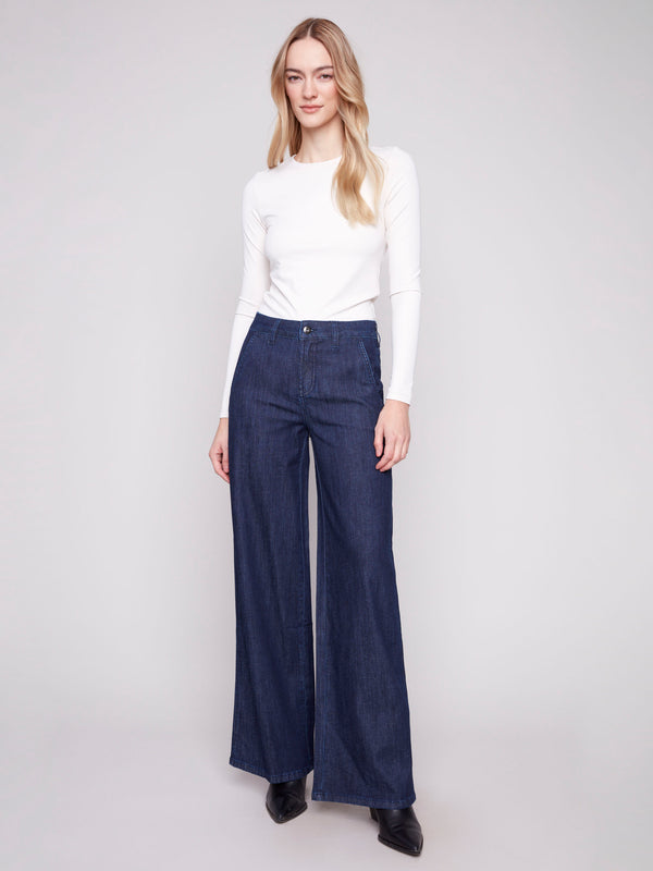 Wide Leg Stretch Jeans - Blue Black