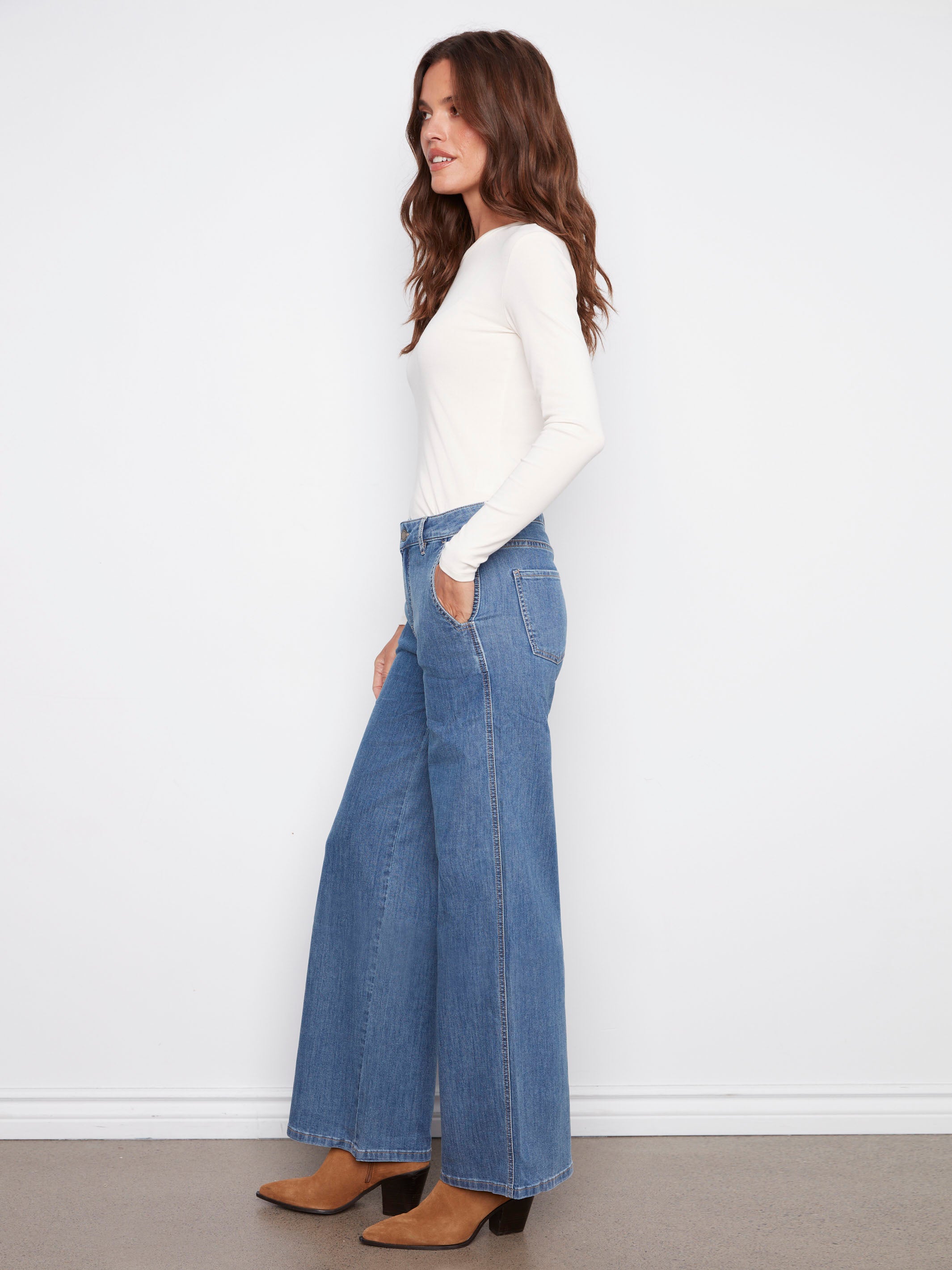 Fashionable blue wide-leg jeans made from stretch denim for enhanced comfort and fit by Charlie B.
