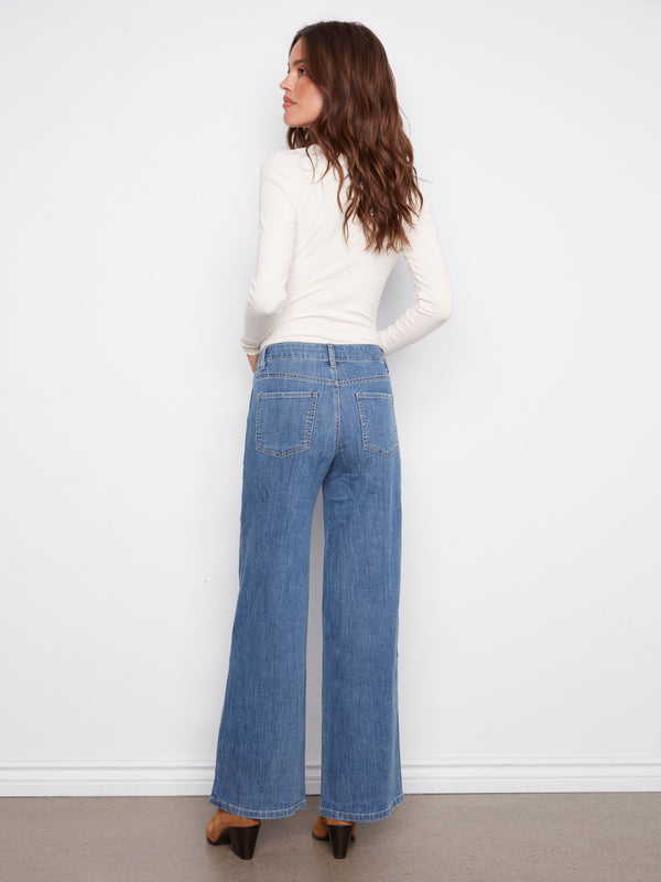 Elegant blue jeans showcasing long length and regular rise, perfect for any occasion by Charlie B.