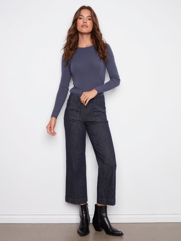 Cropped Wide Leg Stretch Jeans - Deep Blue