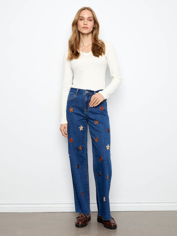 Wide Leg Jeans With Suede Flower Patches - Indigo