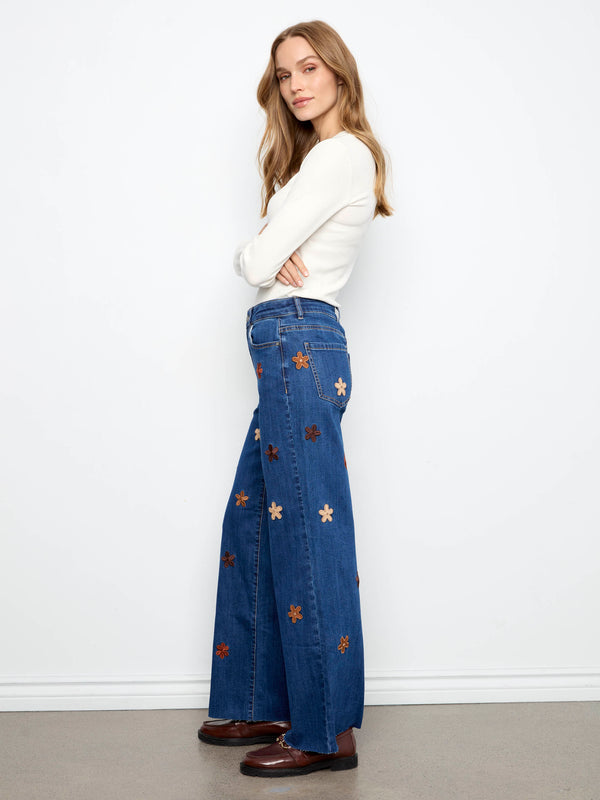 Wide Leg Jeans With Suede Flower Patches - Indigo