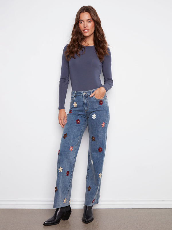 Wide Leg Jeans With Flower Patches - Medium Blue