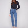 Medium blue denim jeans with a long length, featuring a button front closure and five-pocket design by Charlie B.