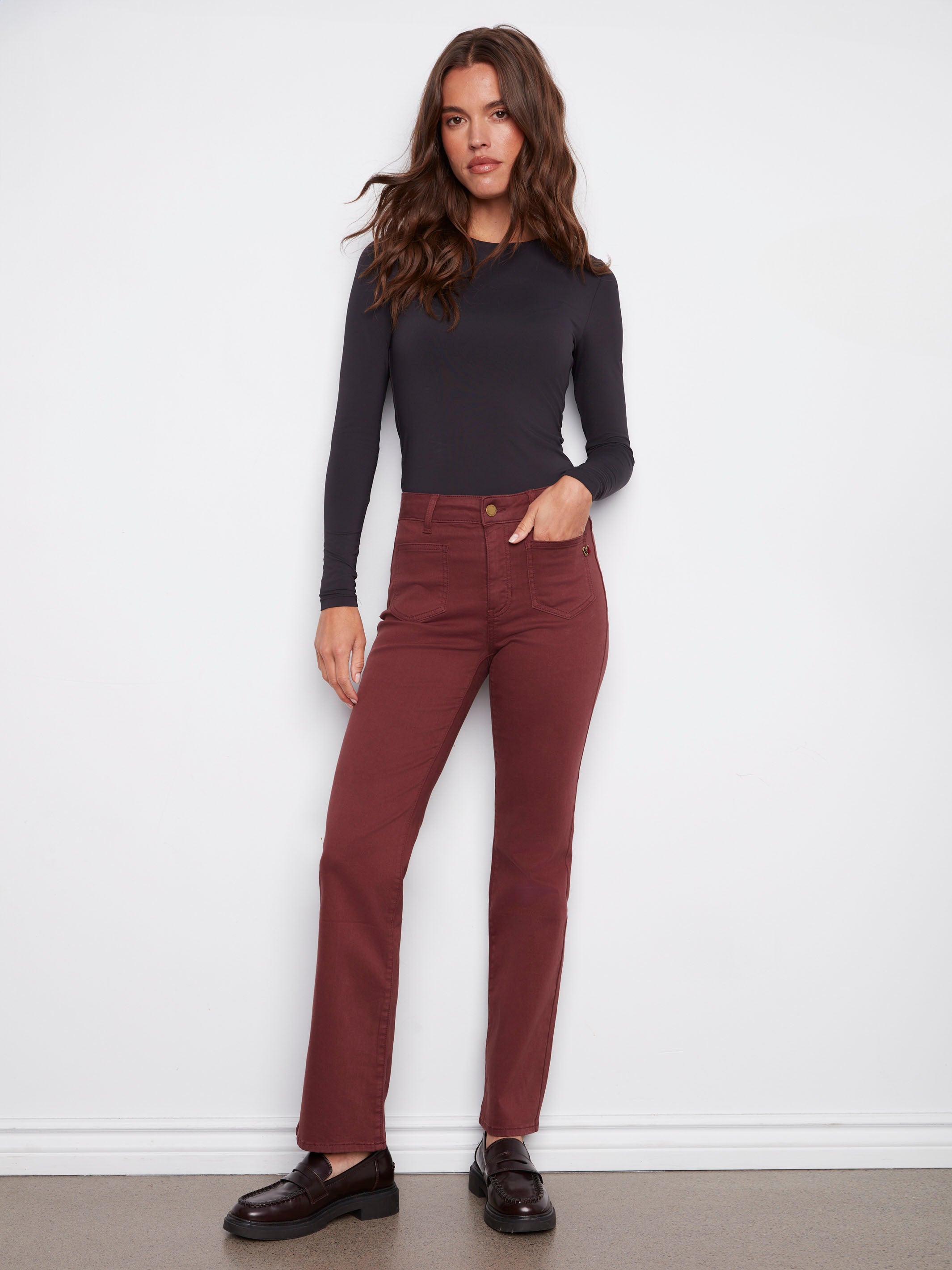 Cabernet twill pants featuring a regular rise and flare leg design, perfect for a stylish look by Charlie B.