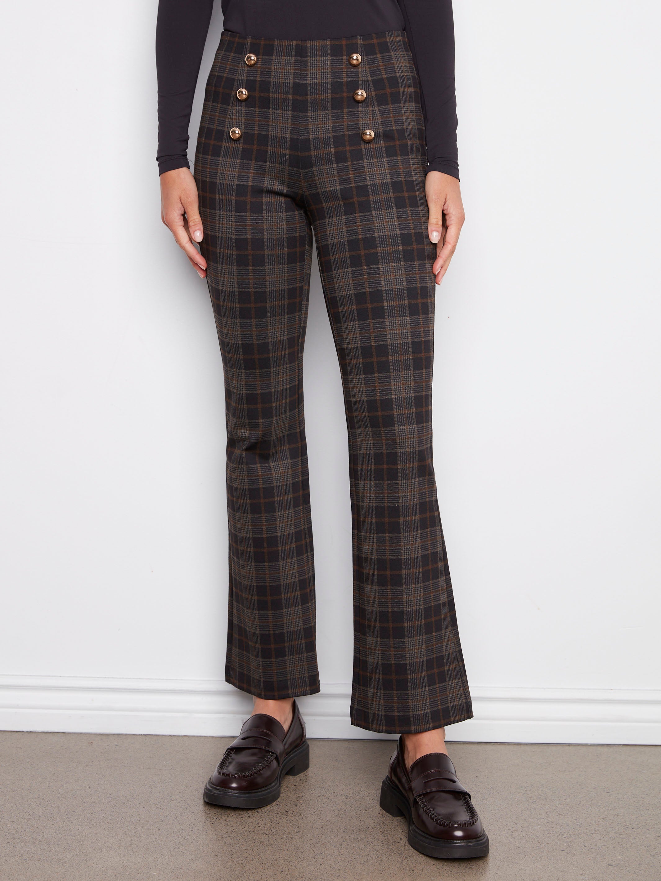 These plaid pull-on pants feature elegant gold button details, adding a touch of sophistication by Charlie B.