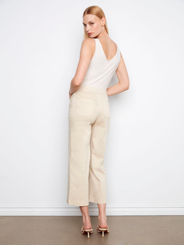 Cropped Wide Leg Twill Pants With Side Buttons - Beige