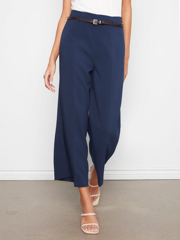 Cropped Dressy Belted Pants - Navy
