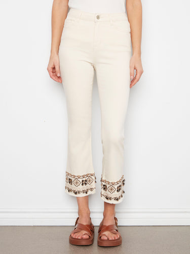 Chic stretch twill pants with a regular rise and beautifully embroidered hems, perfect for any occasion by Charlie B.