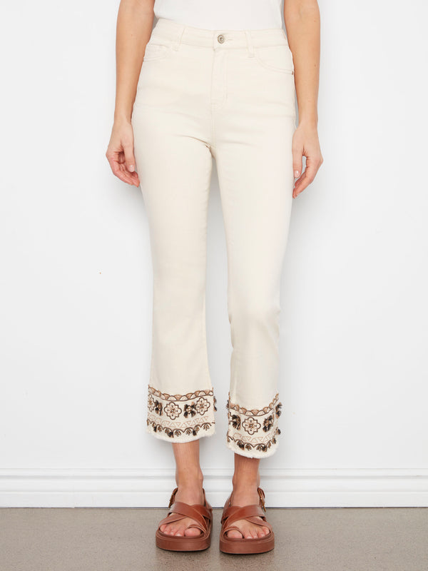 Chic stretch twill pants with a regular rise and beautifully embroidered hems, perfect for any occasion by Charlie B.
