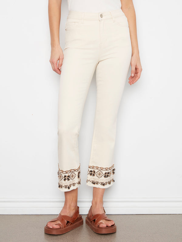 Cropped Twill Pants With Embroidered Hem - Natural