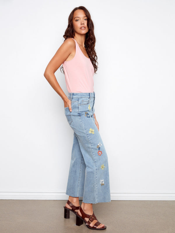 Floral Embroidered Wide Leg Jeans - Light Blue
