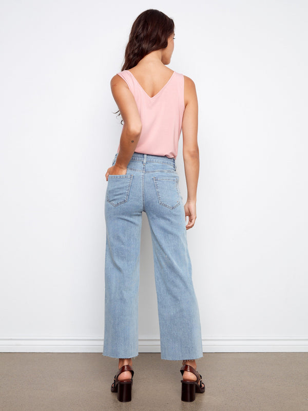 Floral Embroidered Wide Leg Jeans - Light Blue