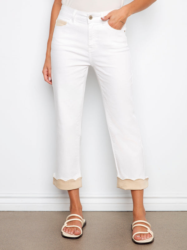 Cropped Twill Jeans With Contrast Scallop Cuff - White