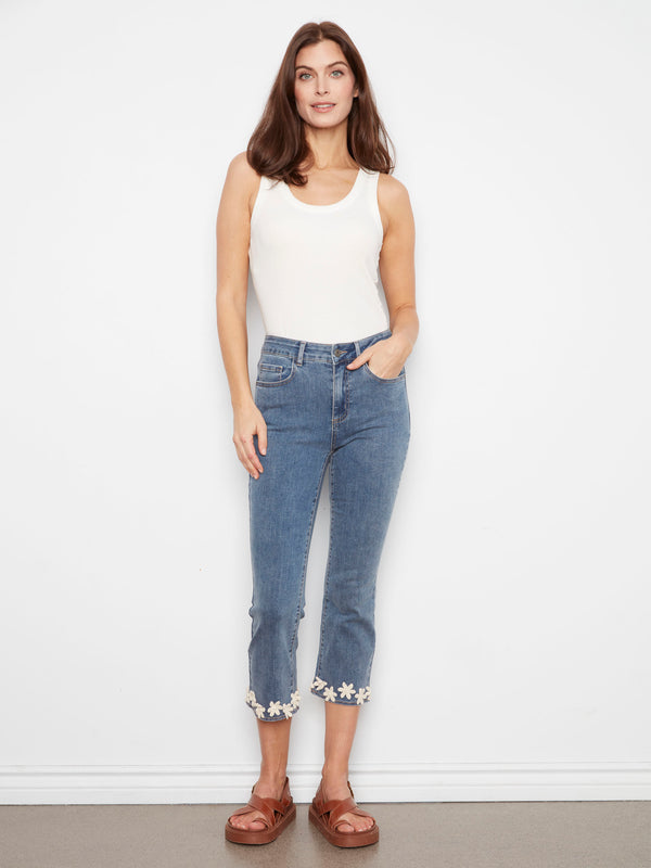 Cropped Flare Jeans With Floral Hem - Medium Blue