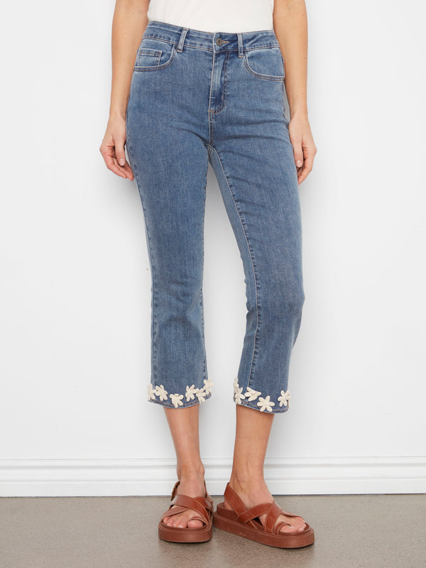 Cropped Flare Jeans With Floral Hem - Medium Blue