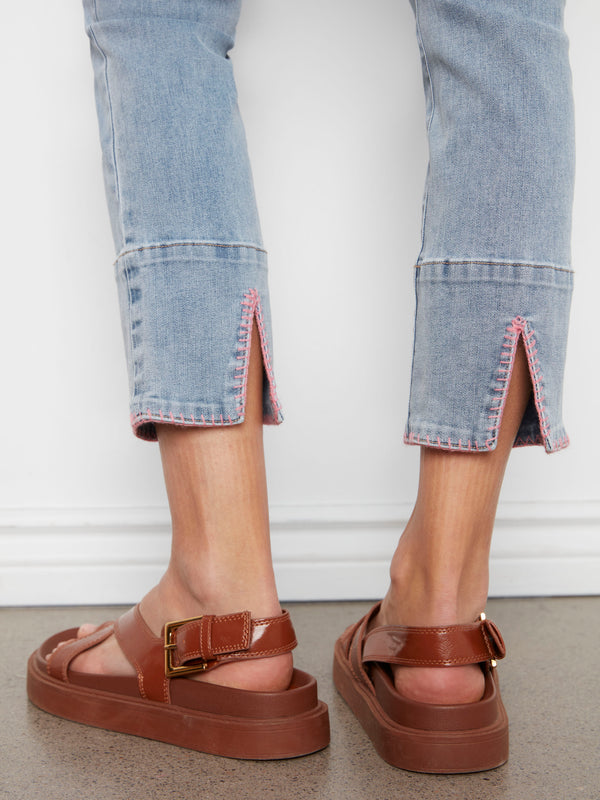 Slim Leg Jeans With Blanket Stitch Hem - Light Blue