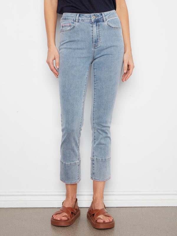 Slim Leg Jeans With Blanket Stitch Hem - Light Blue