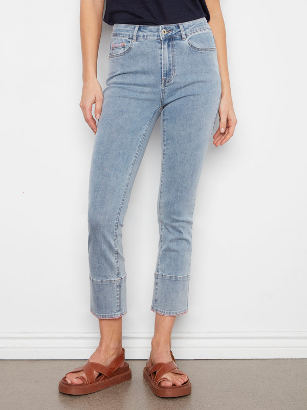 Slim Leg Jeans With Blanket Stitch Hem - Light Blue