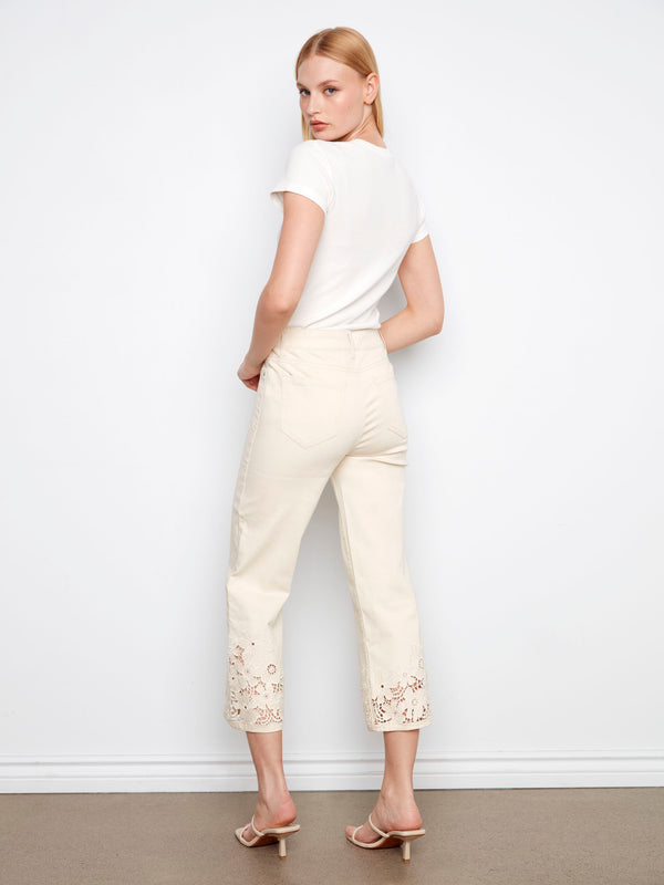 Cropped Flare Twill Jeans With Floral Lace Hem - Natural