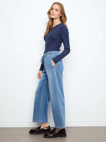 Cropped length jogger pants in medium blue, designed with comfort in mind, featuring an elastic waistband by Charlie B.