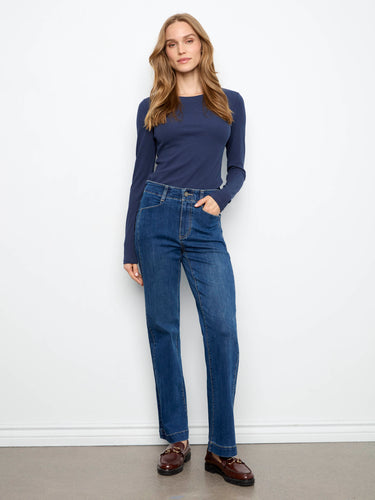 Regular rise design in denim jeans offers a classic look and comfortable fit by Charlie B.
