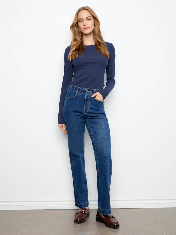 Straight Leg Jeans With Front Panel Detail - Washed Indigo