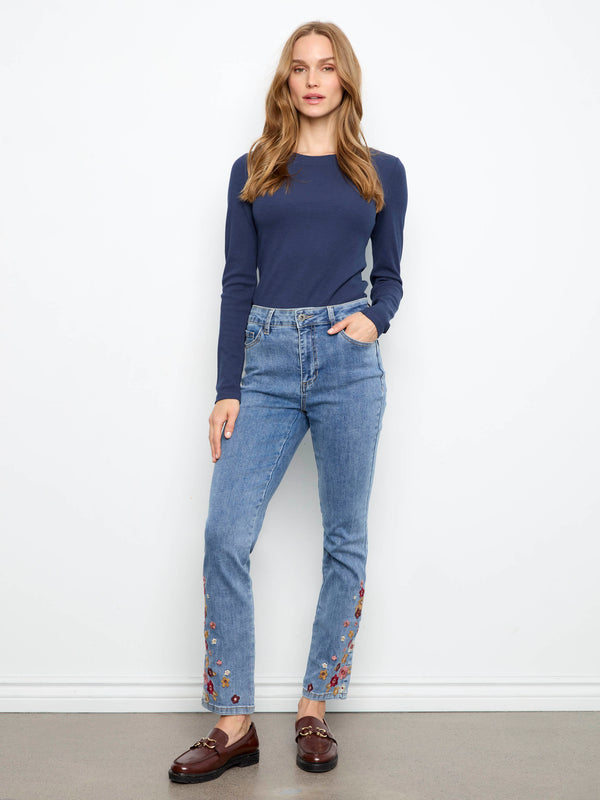 Slim Leg Jeans With Floral Hem Embroidery - Medium Blue