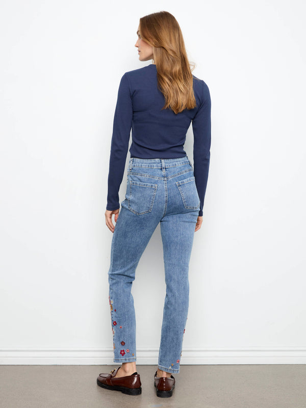 Slim Leg Jeans With Floral Hem Embroidery - Medium Blue