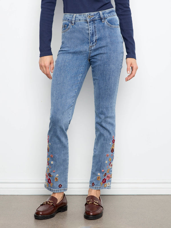 Slim Leg Jeans With Floral Hem Embroidery - Medium Blue