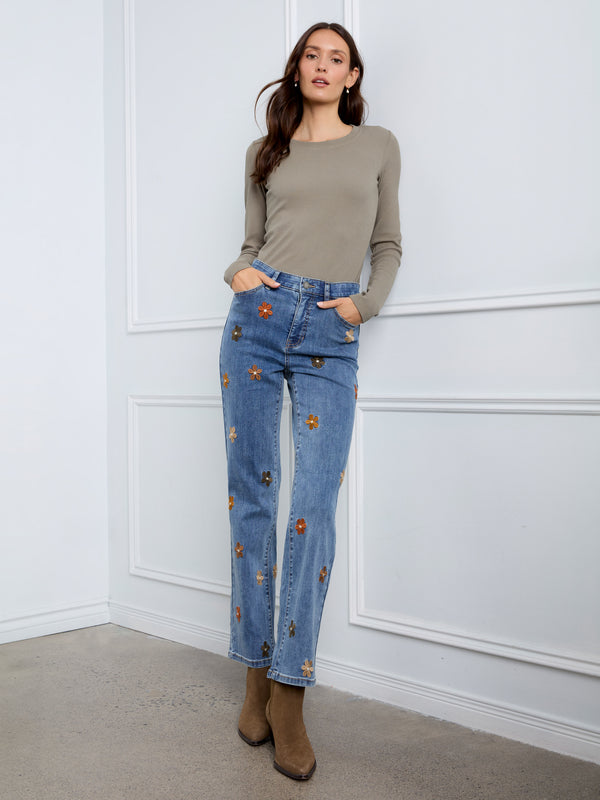 Straight Leg Jeans With Floral Embroidery - Medium Blue