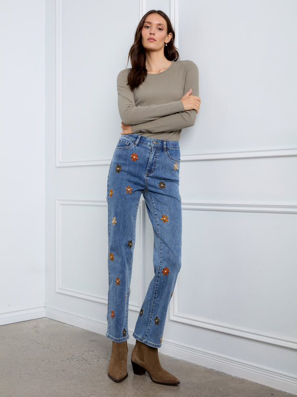 Straight Leg Jeans With Floral Embroidery - Medium Blue