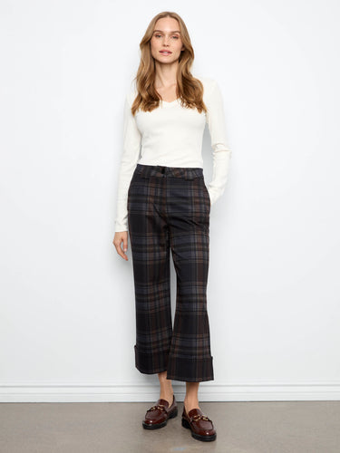 Chocolate plaid pants with a wide leg design, featuring slash pockets and crafted from stretch ponte fabric by Charlie B.