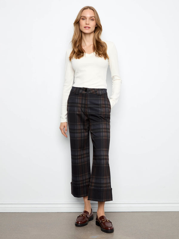 Plaid Cropped Wide Leg Ponte Pants With Cuffed Hem - Chocolate