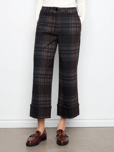 Cropped length chocolate-colored plaid pants with cuffed hem, offering a stylish look for any occasion by Charlie B.