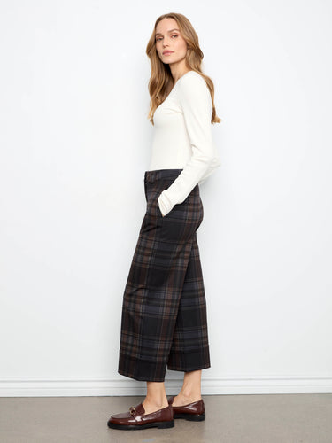 Plaid cropped pants in chocolate color, designed with a comfortable stretch ponte fabric and button closure by Charlie B.