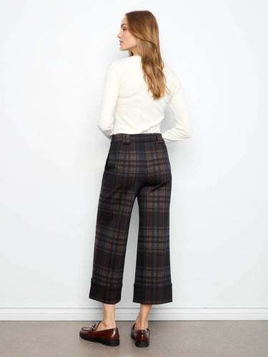 Stylish wide-leg plaid pants in chocolate hue, complete with slash pockets and cuffed hem for added flair by Charlie B.