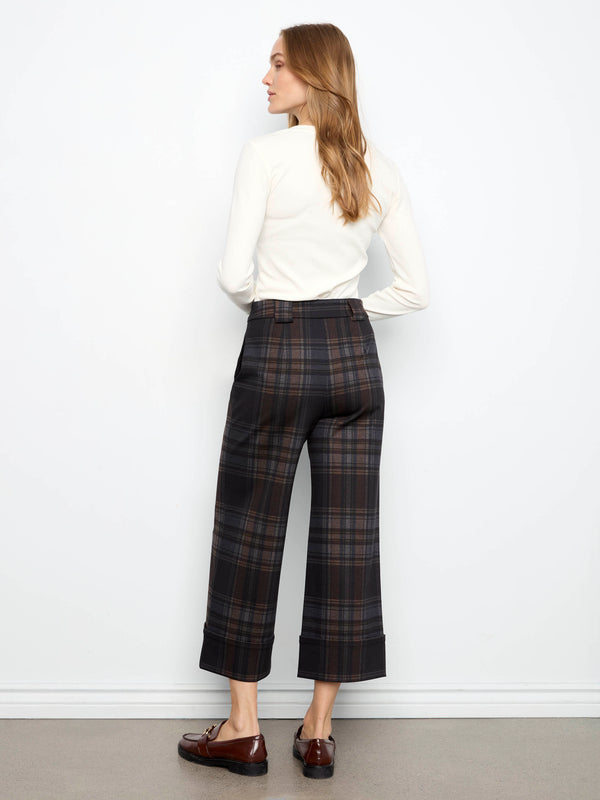 Plaid Cropped Wide Leg Ponte Pants With Cuffed Hem - Chocolate